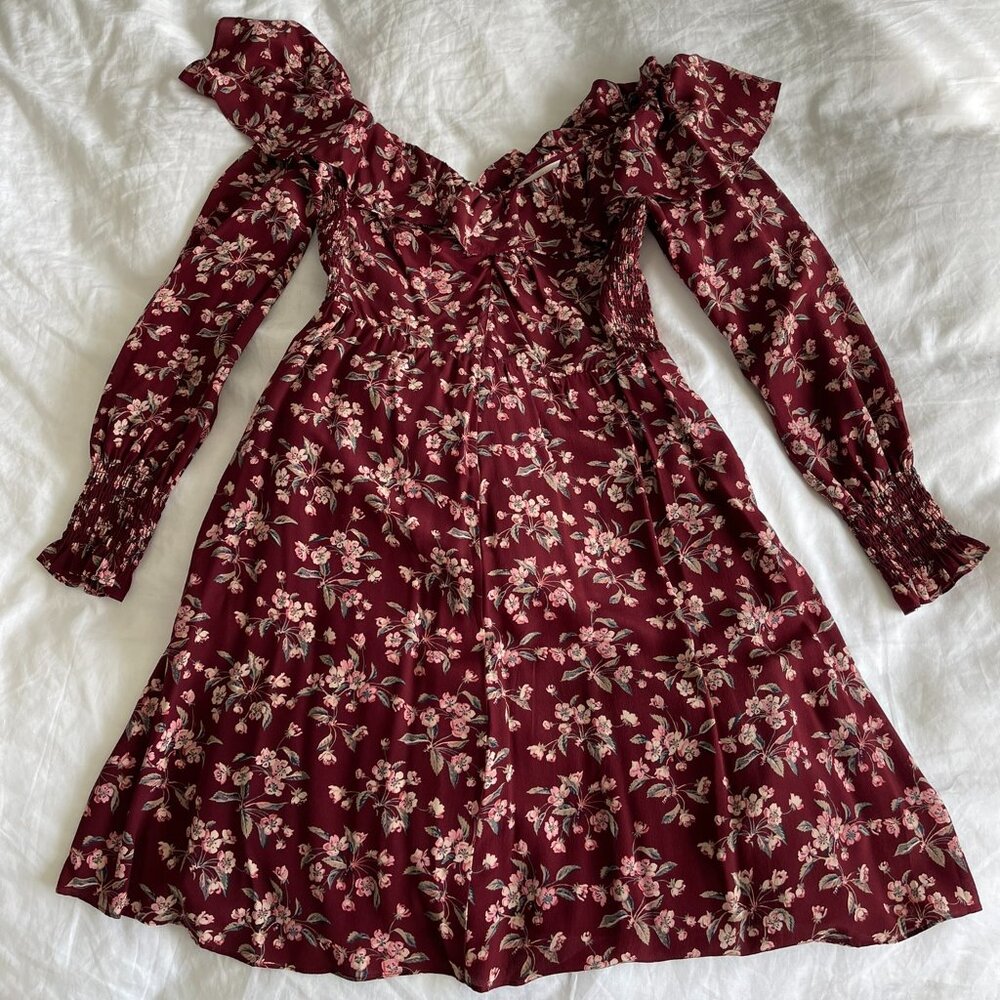 Rebecca Taylor Floral Silk Ruffle Long Sleeve Knee Length Dress Size 2